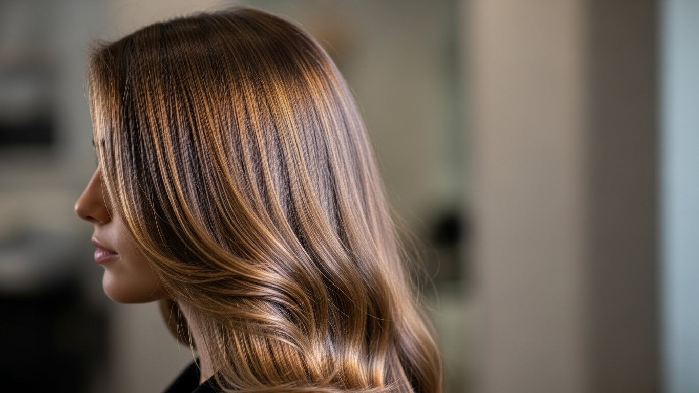 Side-profile view of smooth, glossy, color-treated hair with soft highlights, styled in natural waves, showing a healthy shine against a blurred salon background.