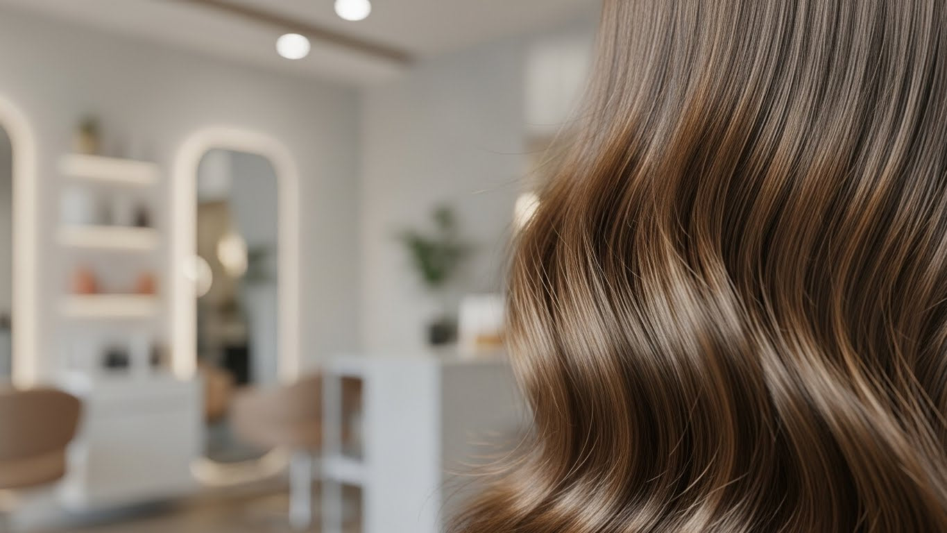 In a parlour a women shown from back side and his hair are visible
