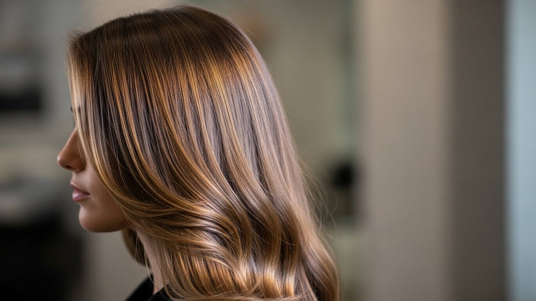 Side-profile view of smooth, glossy, color-treated hair with soft highlights, styled in natural waves, showing a healthy shine against a blurred salon background.