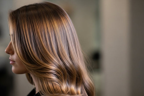 Side-profile view of smooth, glossy, color-treated hair with soft highlights, styled in natural waves, showing a healthy shine against a blurred salon background.
