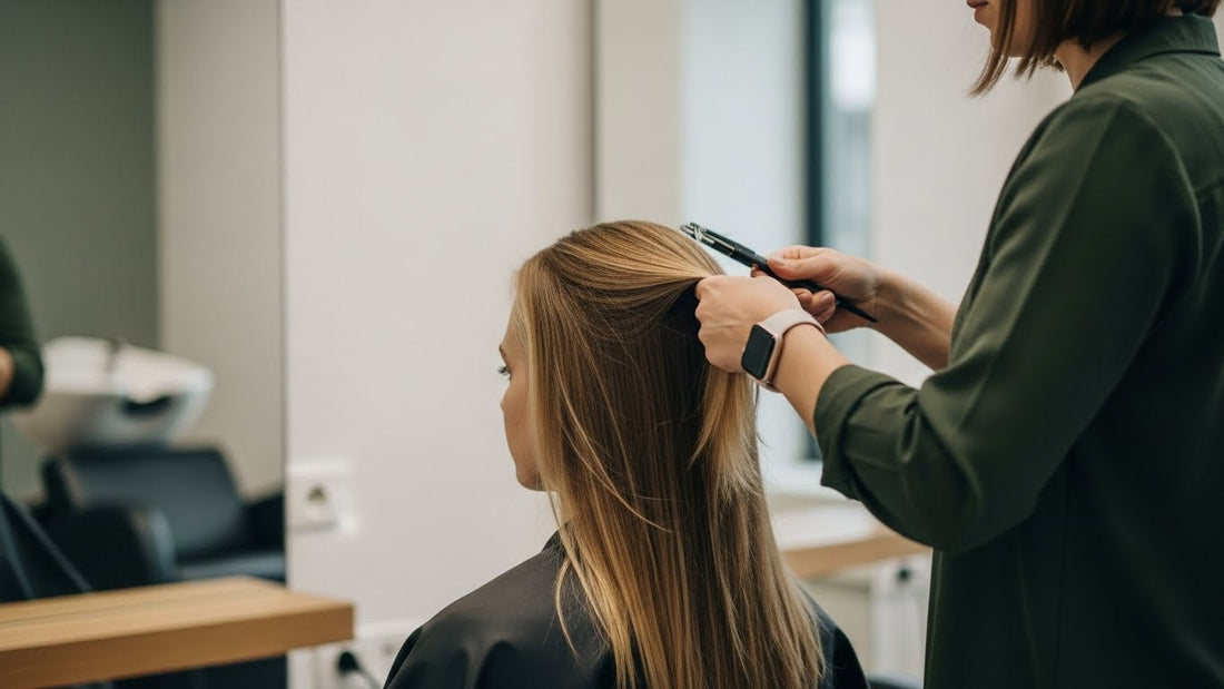Hair stylist applying a nanoplastia hair treatment to a client in a modern salon setting.