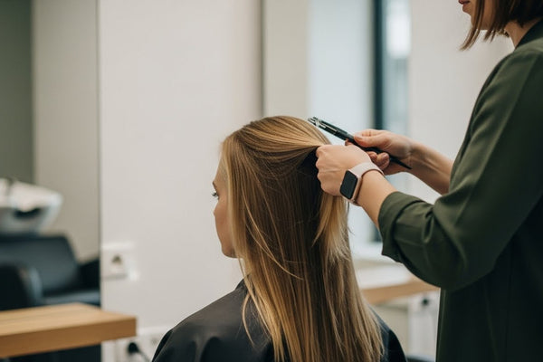 Hair stylist applying a nanoplastia hair treatment to a client in a modern salon setting.