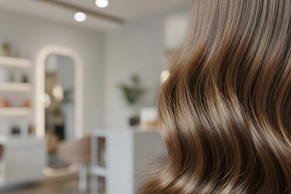 In a parlour a women shown from back side and his hair are visible